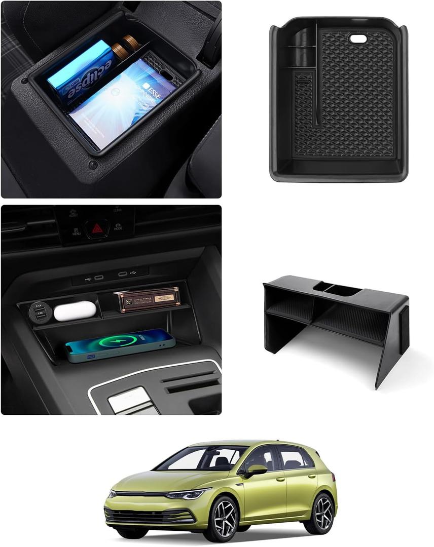 Karltys 2PCS Center Console Organizer Tray for 2022-2025 VW Volkswagen Golf GTI R MK8 Accessories Middle Console Tray Armrest Storage Box with Non-Slip Silicone Mat