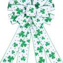 2 x BUVANE St. Patrick's Day Wreath Bow,12 x 20 Inches Large Green Shamrock Irish Holiday Decoration Bow with Streamer Wired Edge Ribbon (White)