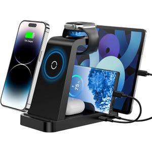 Wireless Charger for iPhone - 5 in 1 Charging Station for Multiple Devices Apple: Fast Wireless Charging Stand Dock for iPhone 16e 16 15 14 13 12 Pro Max Apple Watch Airpods (Black)