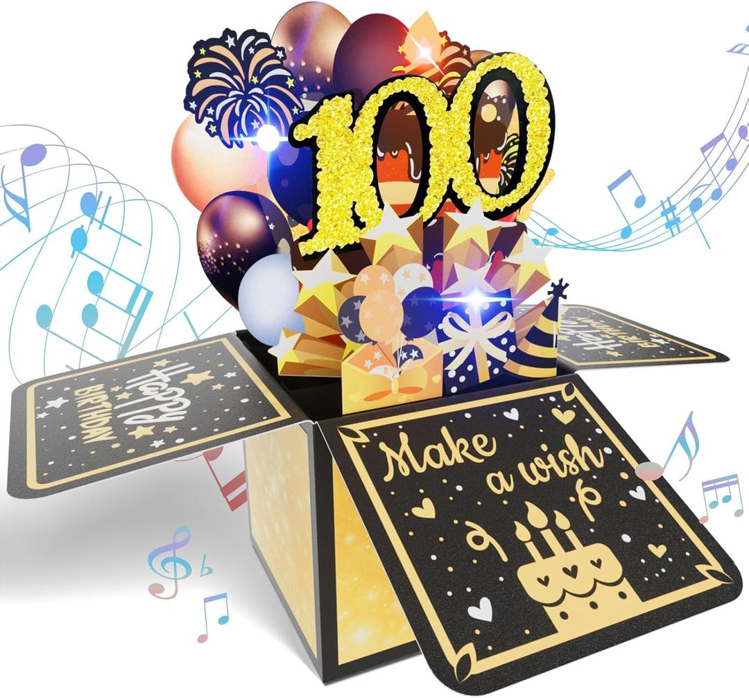 Happy 100TH Birthday Gift Card with Lights and Music, Funny 3D Pop Up Foldable Birthday Cards for Men Women Greeting Gifts for 100 Years Old Kids Boy Girl