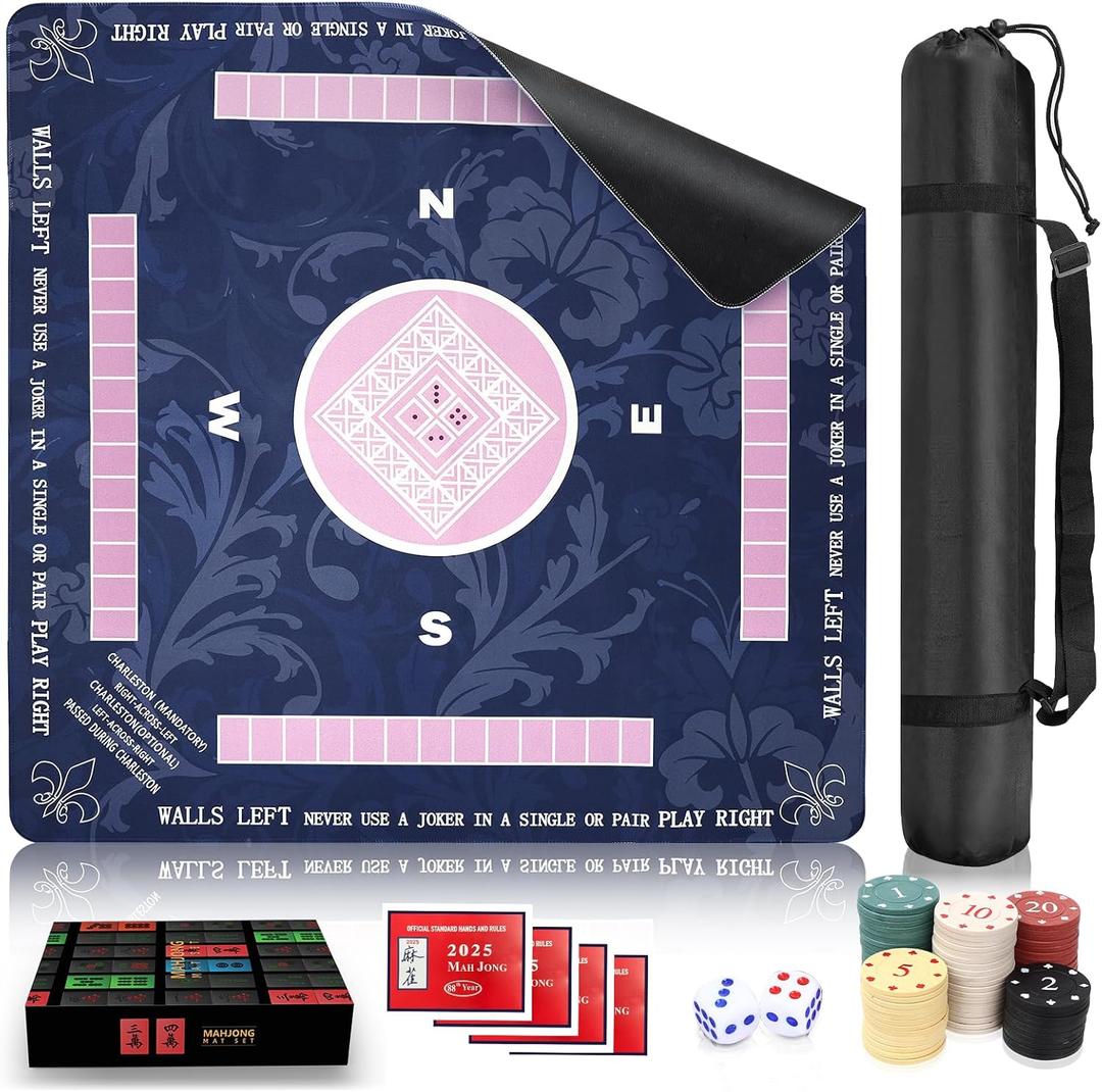 2025 Mahjon Mat for Table,31.5" x 31.5" Mahjon Table Mat with Rules,Non-Slip and Noise-Reducing Gaming Mat for Poker,Dominoes,Card,Board & Tile Games,Mahjon Set with Carrying Bag