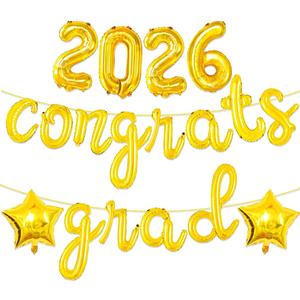 2 x Gold Congrats Grad Balloons 2026-16 Inch Gold 2026 Number Balloons Congrats Balloons for Grad Party Decorations