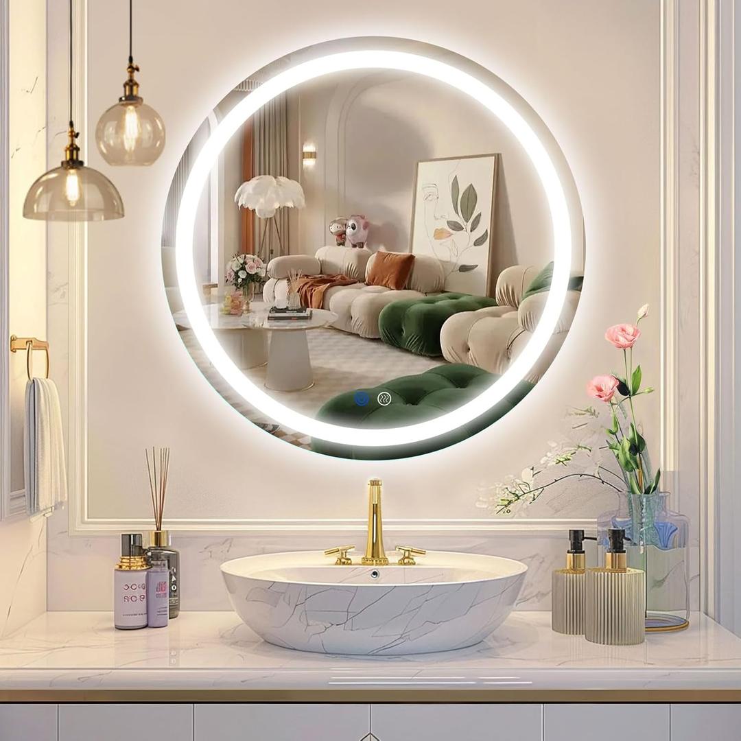 Beelux 24" Round LED Bathroom Mirror with Lights,Lighted Bathroom Vanity Mirror for Wall Anti-Fog, Dimmable, Backlit Memory Function, Waterproof, Tempered Glass,3 Colors Adjustable (24"L x 24"W)