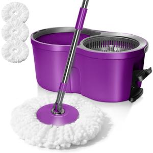 Spin Mop and Bucket with Wringer Set,Masthome 360Spinning Bucket System with 3 Reusable Pads,EasyWring Microfiber Mop and Buckets for Floor Cleaning, Wet Dry Floor Mop for Home & Office (Purple)