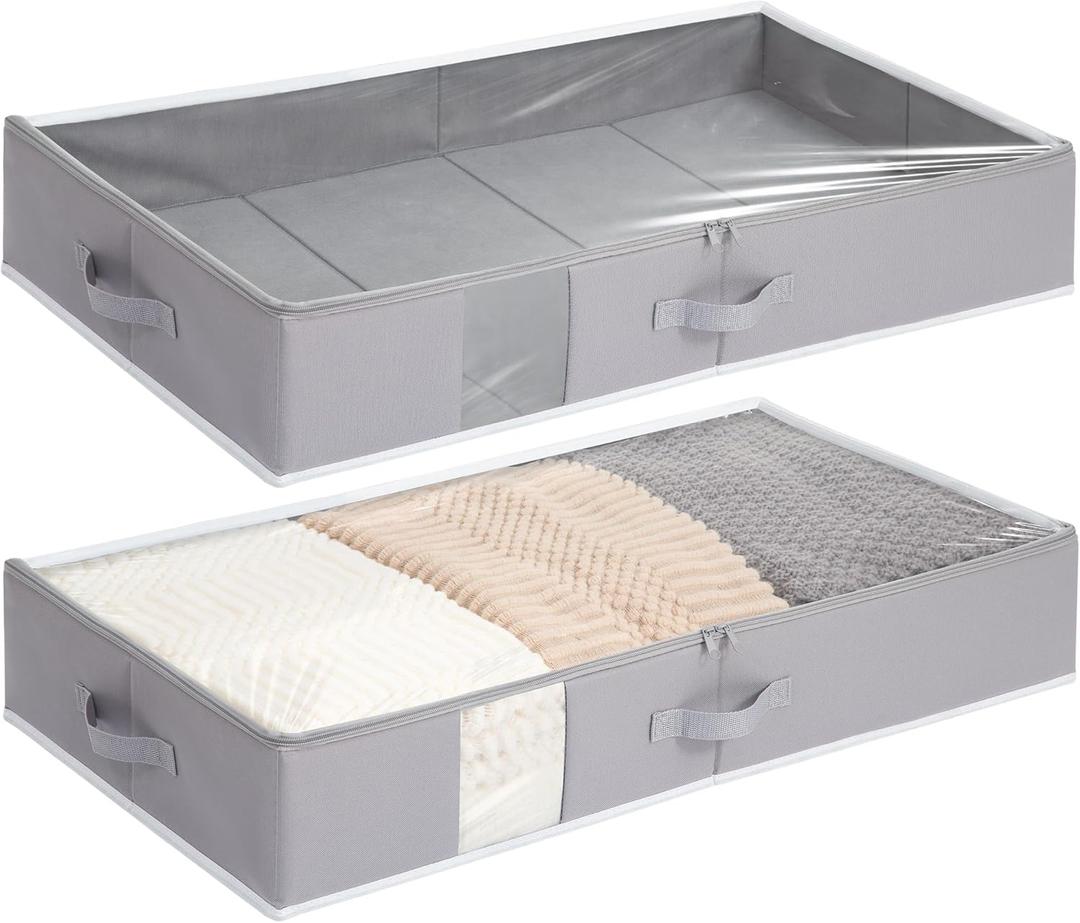Under Bed Storage Bins, Underbed Storage Containers, Clear Bins Under Bed, Closet Organizers, Foldable Sturdy Underbed Storage Box For Clothing, Blankets, Towels, Quilts, Gray, 2 Pack