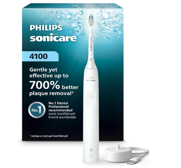 Philips Sonicare 4100 Series Electric Toothbrush  Sonic Toothbrush with Advanced Sonic Technology, Pressure Sensor, Two Intensity Settings, Smartimer & Quadpacer, White, Model HX3681/23