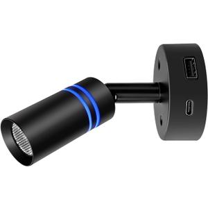 THALASSA Black RV Reading Light with USB-C Charger and USB Port, Dimmable Warm White Camper Van Bedside Lamp with Blue Night Light Mode for Motorhome, Camper, Truck, Marine