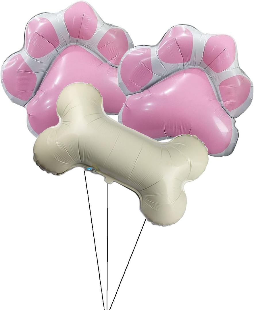 Dog Party Balloons with 2Pcs Pink Paw Shaped Mylar and 1Pcs Bone Shaped for Baby Shower Kids Birthday Pets Decoration