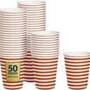 PAW - Disposable Paper Cups (8,5 oz, 50-Pack), Hot & Cold Paper Coffee Cups, Drinking Cups with Orange Stripes Theme for Party, BBQ, Garden Party, Picnic