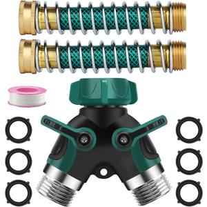 Hose Splitter 2 Way, 3/4" Garden Water Hose Splitter with Comfort Rubber Long Handle, Faucet Splitter, Y Heavy Duty Metal Connector with 2 Kink Free Faucet Extension Hose Protector