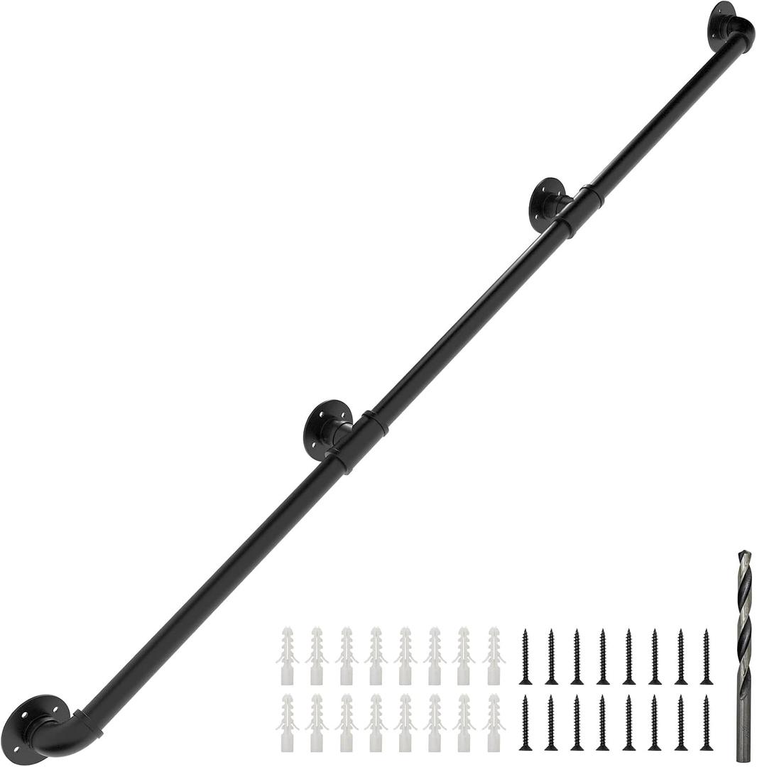 Industrial Staircase Railing, 9FT Galvanized Pipe Handrail with Wall Mount Support