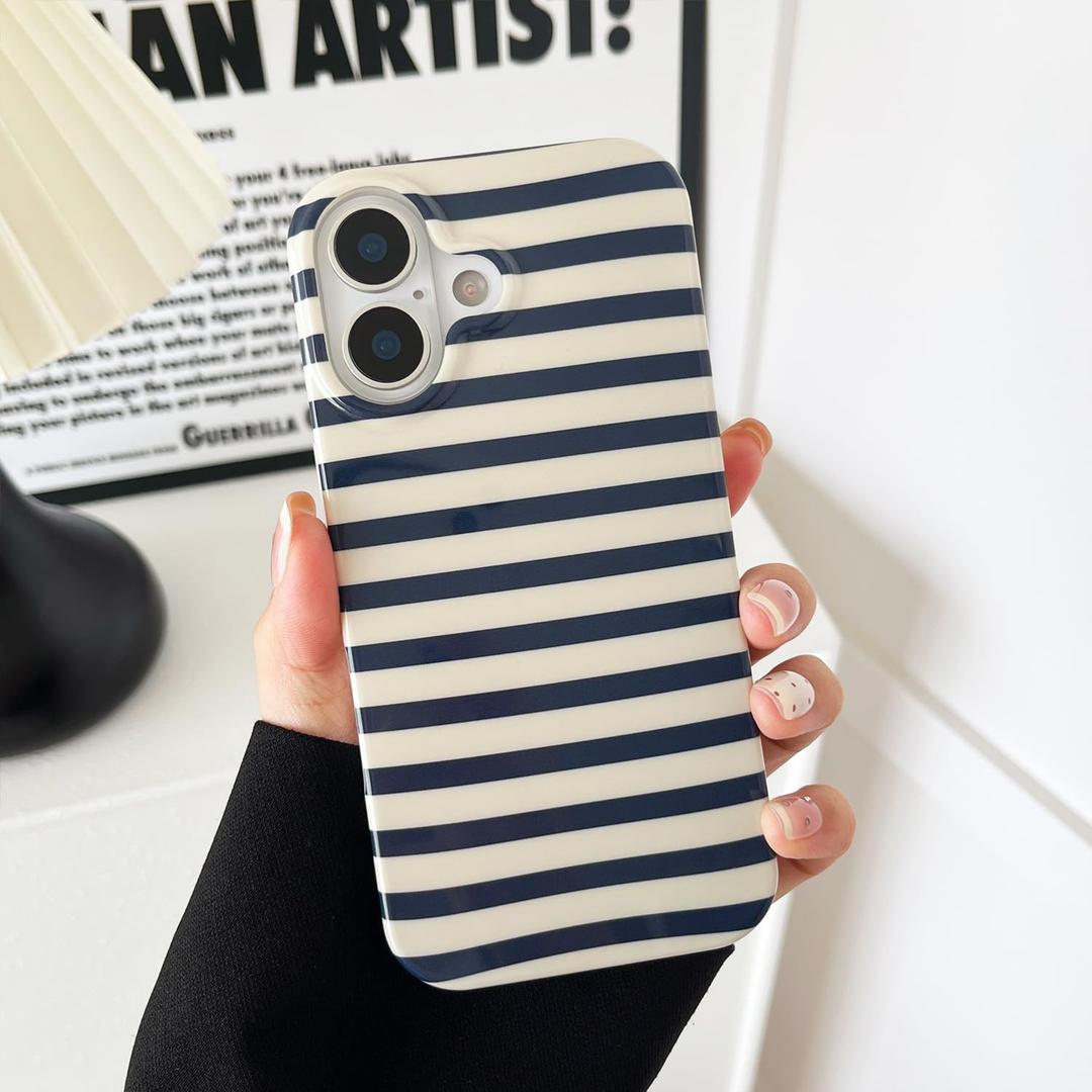 ZTOFERA for iPhone 17 Case with Geometric Horizontal Stripes,Cute Fashion Simple Line Pattern for Women Men,Soft TPU Slim Glossy Shockproof Case Cover(Navy Blue)