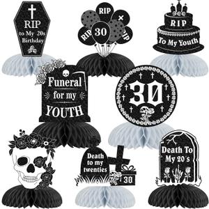 8Pcs Rip to My 20s Honeycomb Centerpieces, Funeral for My Youth Table Decorations Gothic Table Toppers, Black Silver Goth 30th Birthday Halloween Party Supplies for Men Women
