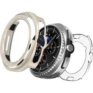 2 in 1 Rugged Metal Case for Samsung Galaxy Watch 8 Classic 46mm Cases SmartWatch, Matte Metal & Clear PC Back Cover Protect Accessories with Cleaning Cloth for Women Men - Titanium