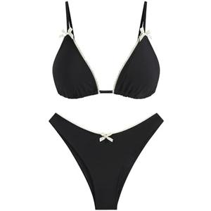 ZAFUL Women's String Triangle Bikini Sets Sexy Triangle Textured Tied High Cut Swimsuit Brazilian 2 Piece Bathing Suit M