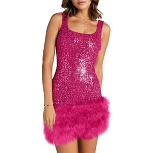 Wenrine Womens Sparkly Sequin Dress Bodycon Square Neck Fur Club Party Mini Dresses (XX-Large, Bright Pink)