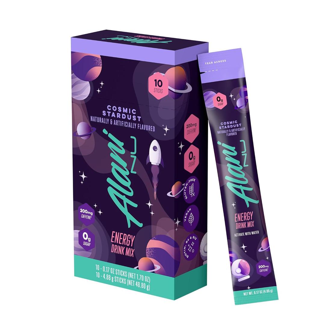 Alani Nu COSMIC STARDUST, Energy Sticks Drink Powder, 200mg Caffeine, Pre Workout Performance with Antioxidants, On-The-Go Drink Mix, Biotin, B Vitamins, Zero Sugar, 5 Calories, 10 Pack (EXP 08/01/26)