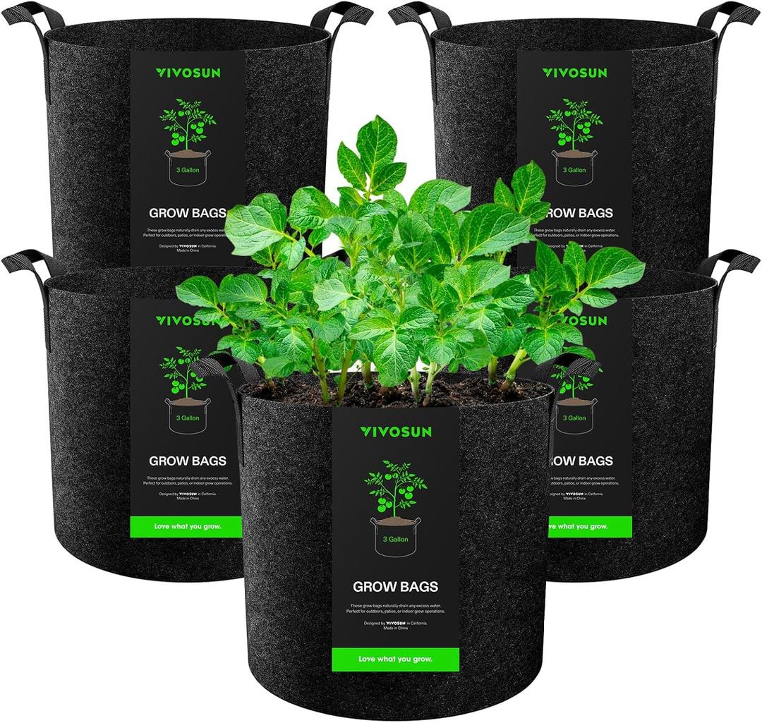 VIVOSUN 5-Pack 3 Gallon Plant Grow Bags Heavy Duty Thickened Nonwoven Fabric Pots with Handles (Black)
