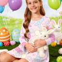 Easter Dress for Girl Bunny Rabbit Graphic T-Shirts Kids Girls Long Sleeve A Line Dresses 5-12 Years (Pink)