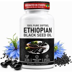 Ethiopian Black Seed Oil Capsules with 4.64% Thymoquinone, Cold-Pressed Softgels for Immune, Digestive & Daily Wellness Support, Non-GMO, Gluten-Free, 60 Count, Exp: 08/04/2028