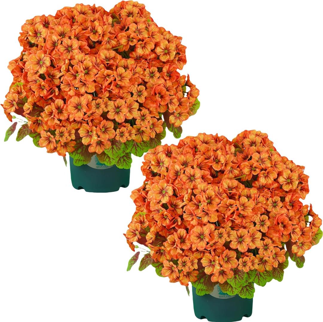 QIANYUN Artificial Topiary for Outdoors- 20 Potted Plant Fake Geraniums Bush-UV Resistant Artificial Outdoor Plant for Front Porch, Garden, Yard, Patio Decor (Light Orange)