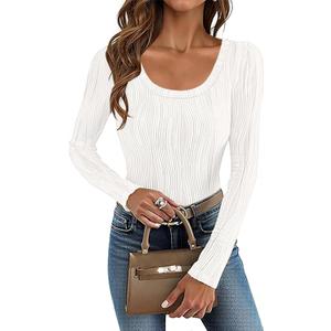 Women Tops Long Sleeve Textured Shirts Slimming Tops for Women Scoop Neck Blouses (White, XL)