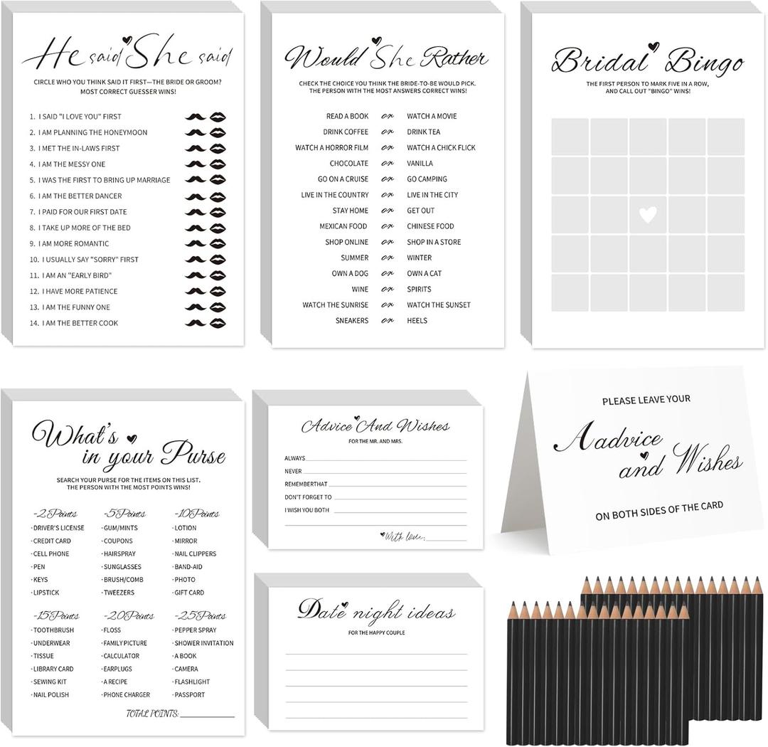 Bridal Shower Games-Heavy Cardstock,5 Fun Activities for 32 Guests, Includes Bingo,He Said She Said, Would She Rather,Whats in Your Purse,Advice and Wishes for The Mr and Mrs(Minimalist)