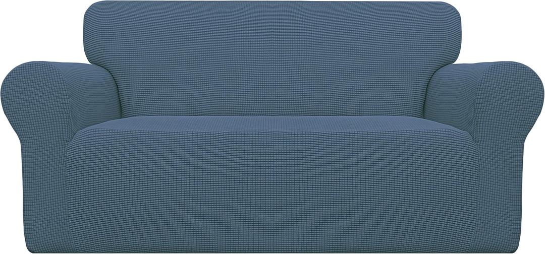 Easy-Going Stretch Loveseat Slipcover 1-Piece Sofa Cover Furniture Protector Couch Soft with Elastic Bottom for Kids Polyester Spandex Jacquard Fabric Small Checks (Loveseat, Bluestone), Size: Medium Loveseat