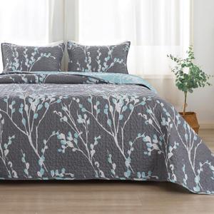 Andency Quilt California King Size Grey Blue (112x104 Inch), 3 Pieces Floral Lightweight Bedding Set, Microfiber Reversible Flower Quilted Bedspread Coverlet with 2 Pillowcases for Men Women