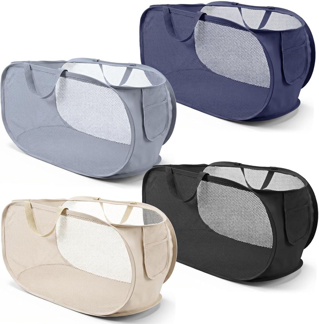 4 Pack Pop-Up Mesh Laundry Basket,Four Colors Pop Up Mesh Hamper,Opening Foldable Laundry Baskets with Durable Handle Plastic Clothes Baskets for Home College Dorm Travel Clothes Organization