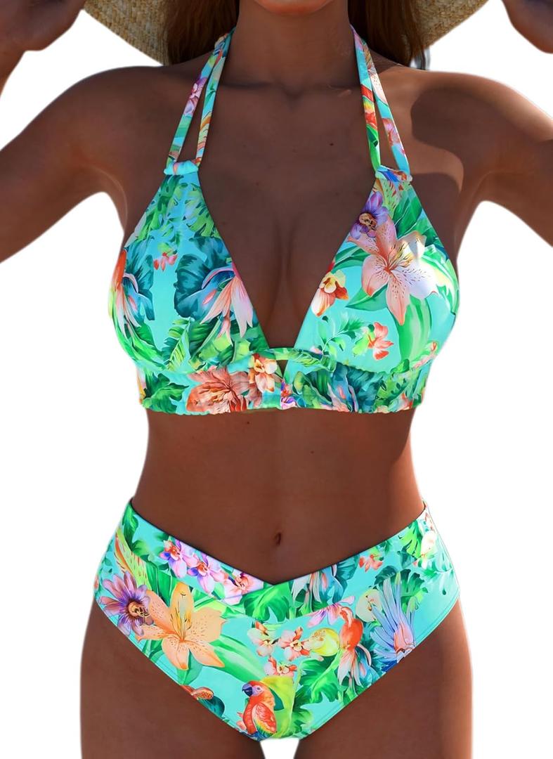 ROSEWE Womens Double Straps Bikini Sets, V-Neck Triangle Top with Mid-Waisted Briefs, Two Piece Colorful Halter Swimsuits Large