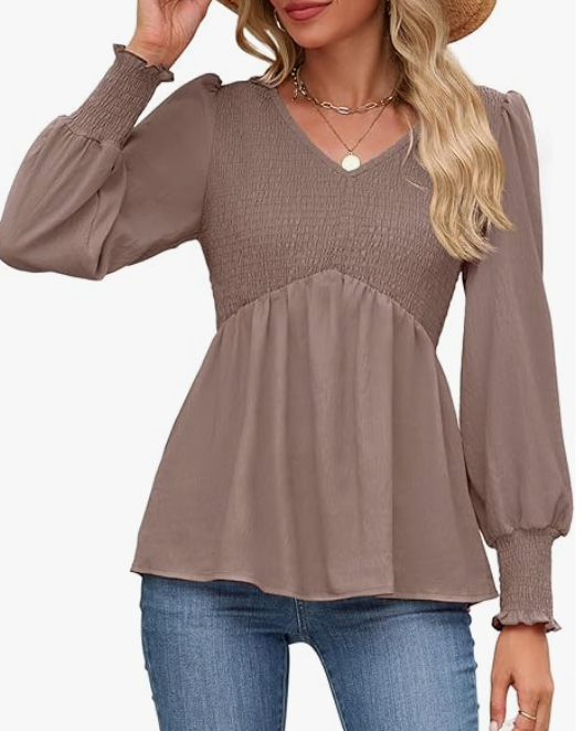 HEYTALALA Womens Long Sleeve Shirts V Neck Peplum Tops Dressy Casual Smocked Babydoll Blouses 2025 Fall Trendy Outfits L