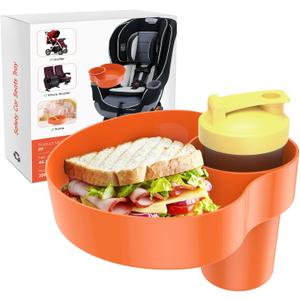 Car Seat Snack Tray for Kids: 2PCS Kids Car Seat Tray with Cup Holder, Toddlers Road Trip Essential, Travel Snacks Food Plate for Stroller, Boosters with a Cup Holder (Orange)