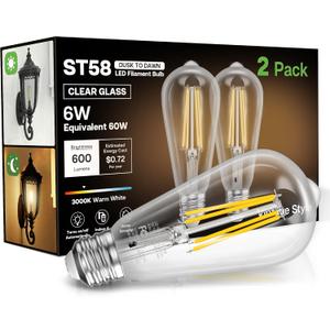 Dusk to Dawn Light Bulbs, 6W Equivalent 60W, Soft White 3000K, E26 Base, Light Sensing, ST58 Vintage Style, 600LM, Outdoor Edison Bulbs, Automatic Light Bulbs for Porch Patio Garage, 2 Pack