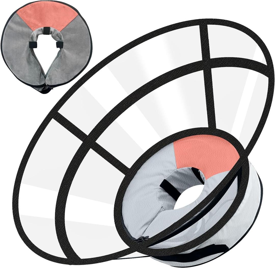 Sponge Core Dog Cat Cone Collar for After Surgery Recovery, Inflatable Dog Cone Alternative, Lainergie Dogs Donut Collar Adjustable with 2PCS Cover for Large Medium Small Dogs Cats (Grey+Pink, S) (S (Neck: 5"-8"))