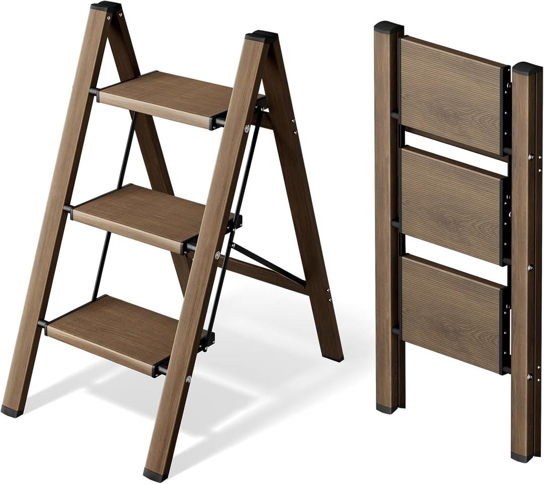 HillhutApex 3 Step Stool, Aluminum Foldable Step Ladder, Lightweight Stable Stool with Wide Non-Slip Pedals, 330lbs Bearing Capacity Ladder for Office,Home,Kitchen - Walnut, 18.1"W x 33.4"H