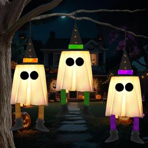 JOYIN 23.6'' 3PCS Halloween Hanging Ghosts Decorations Outdoor, Warm Light Up Ghosts Tree Decor with Witch Hat & Timer, Glowing Halloween Decorations for Yard Patio Garden Outside Haunted House Party