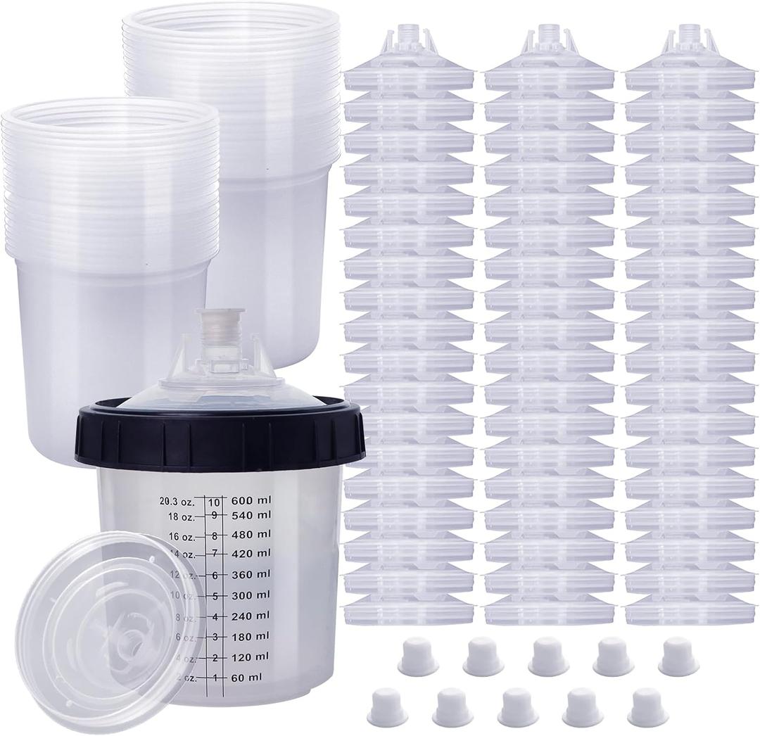 Disposable Paint Cups for Automotive Paint GunHVLP Paint Spray Paint Gun 20 Ounce (600ml) Kit with 55 Cups and Lids System, 1 Hard Cup with Retainer Ring and 10 Plugs