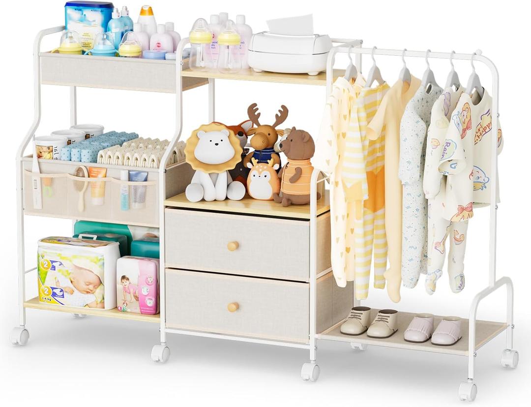 BBLIKE Diaper Caddy Organizer with Hanging Rack - 3 Tier Rolling Utility Cart with Drawers and Dividers for Baby Bottle Storage - Bedside Cart for Changing Station, Crib, Nursery, Bedroom, Beige
