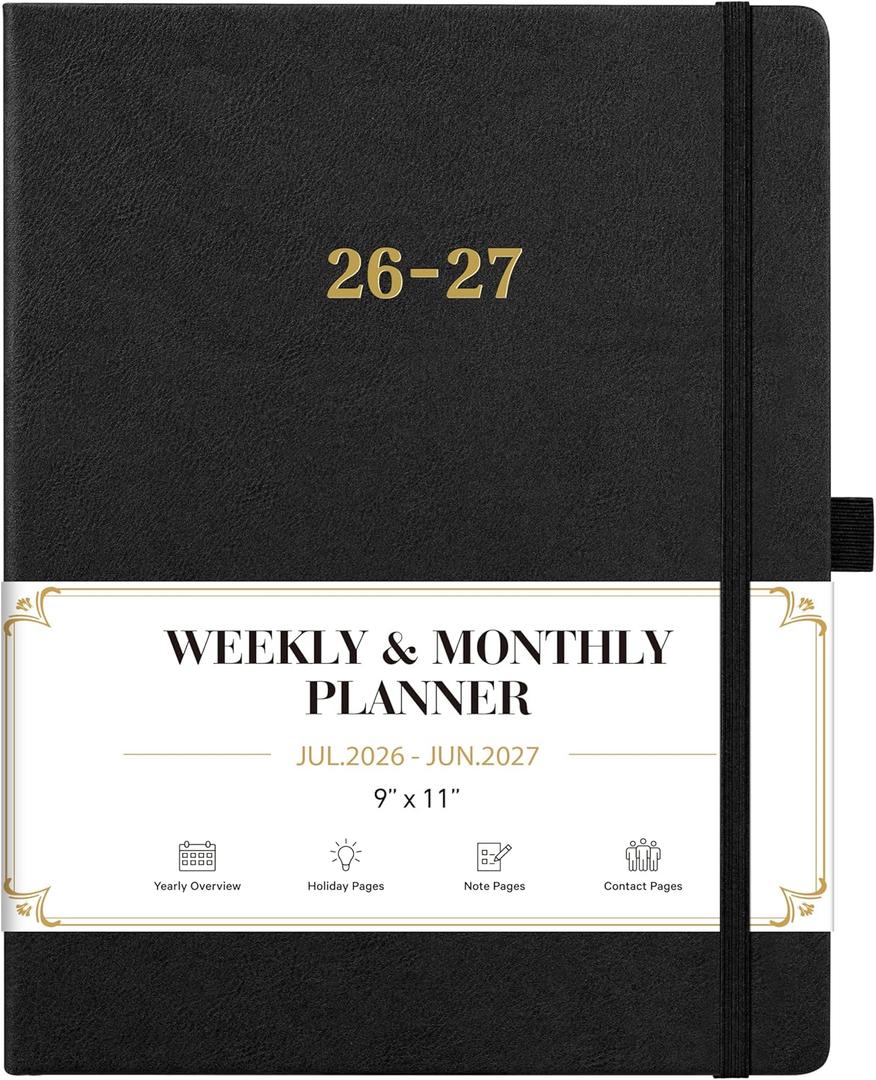 2026-2027 Planner - Weekly and Monthly Planner 2026-2027, Jul.2026 - Jun.2027, 9" x 11", 26-27 Calendar Planner with Inner Pocket + Bookmarks+ Leather Hardcover, Black