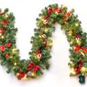 Joiedomi 9Ft Christmas Garland Prelit with Lights, 50 Warm White LED, Xmas Tree Garland with 8 Lighting Modes, Decorated with Pinecones, Bows, Xmas Balls & Berries for Window Indoor Party Decorations