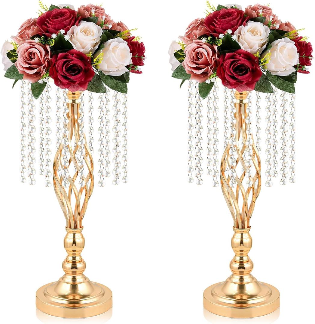 Kehail 2 Pcs Gold Metal Crystal Pendant Flower Stand, 19" Wedding Tall Vase, Metal Hollow for Wedding Banquet Event Anniversary Celebration Decoration