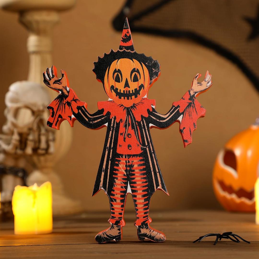 Roowest 7.87 x 5.91 Inches Vintage Halloween Table Decorations Chunky Sitter Wooden Pumpkin Man Rustic Retro Halloween Figurines for Primitive Centerpieces Shelves Mantels Home Indoor Decor