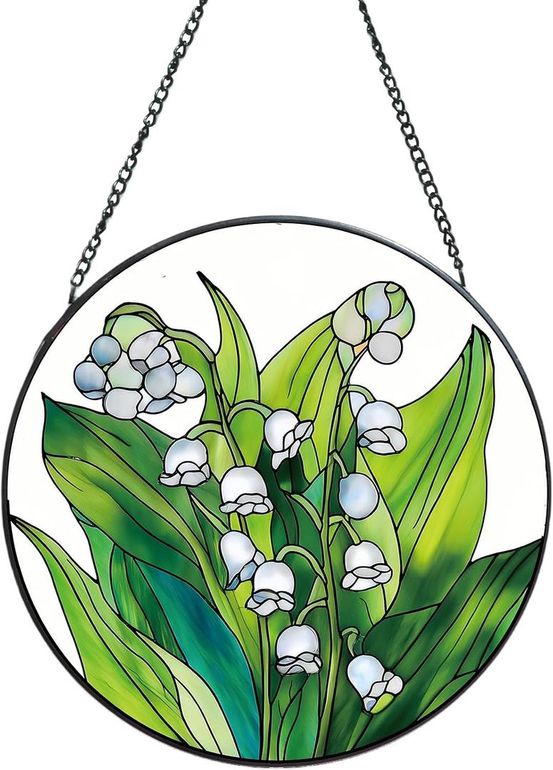 Suncatcher Stained Glass Window Hanging - Flowers Glass Panel with Metal Chain and Hooks Handmade Sun Catcher Decoration for Window Garden Home Christmas & Birthday Gifts (7.8 Inch)