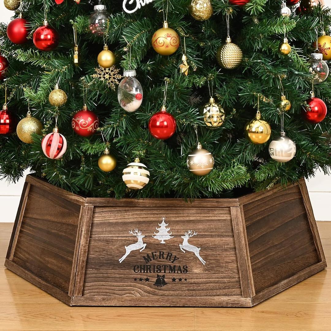 Wooden Christmas Tree Collar, 30" Natural Wood Christmas Tree Stand Cover, Farmhouse Xmas Tree Base Cover, Vintage Rustic Tree Collar Box, Holiday Farm Tree Skirt Tree Ring, Burned