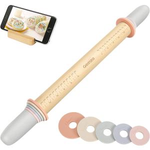 Geesta Adjustable Wood Rolling Pin with 5 Thickness Rings, Precise Dough Roller Handle Press Design with Measurement Guide for Fondant, Pizza, Pie Crust, Cookie, Pastry Baking Decorating Accessories (Western)