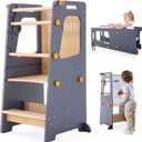 4 in 1 Toddler Kitchen Tower, Kids Kitchen Stool Helper, Standing Tower with Convertible Table and Chair, Toddler Step Stool with Adjustable-Height,Whiteboard and Safety Rail for Counter Sink (Gray)