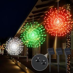 3 Set Christmas Solar Firework Lights Outdoor 120 LED 8 Modes Waterproof LED Hanging Fairy Lights for Christmas Garden Patio Yard Holiday Decoration(White,Red,Green,Single Style)