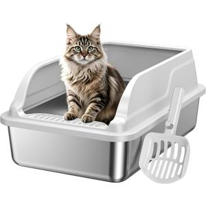 Stainless Steel Low Entry Cat Litter Box, Large Odor-Free High-Sides | Low entry for easy access, suitable for senior & all cats, entry grid cleans paws, non-slip rounded edges, scoop included
