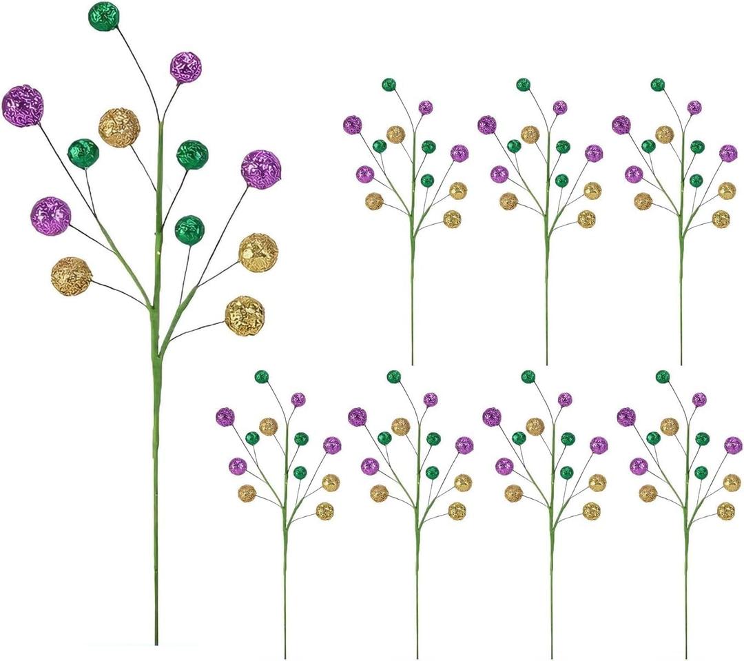 2 x 8 Pcs Carnival Decorations,15" Carnival Glitter Tree Picks Stems Ornaments Table Centerpieces Decor,Artificial Purple Gold Green Berry Flowers Branches Sprays for Carnival Party Home Decor